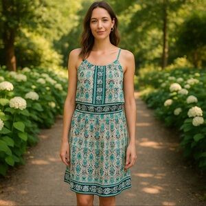 Maggie London Teal Floral Boho Print Sleeveless Summer Dress Size 12